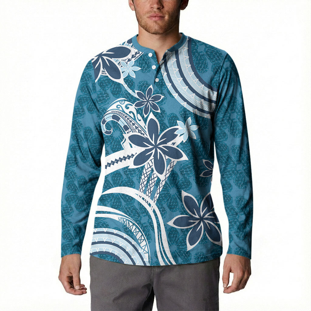 Hawaii Pupuala Plumeria Blue Button Sweatshirt Polynesian Pattern LT01 - Polynesian Pride