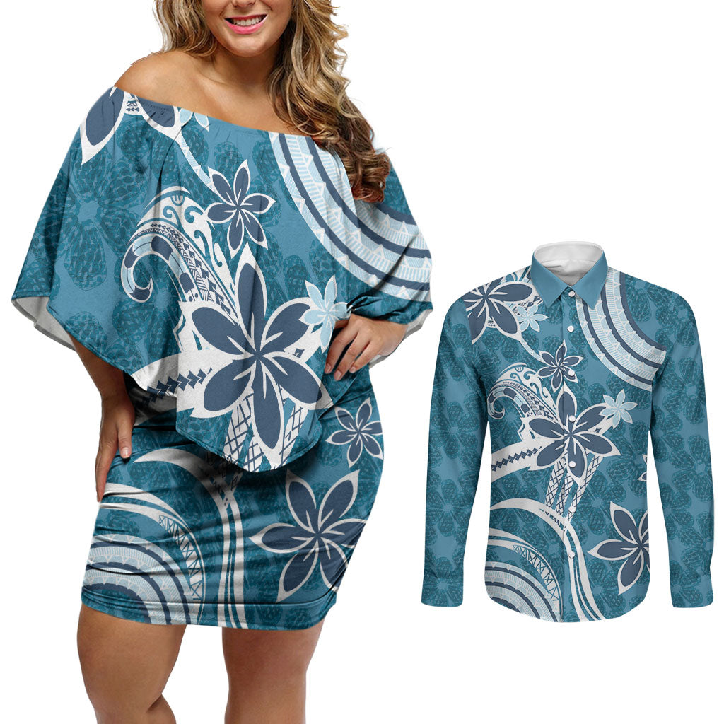 Hawaii Pupuala Plumeria Blue Couples Matching Off Shoulder Short Dress and Long Sleeve Button Shirt Polynesian Pattern LT01 Blue - Polynesian Pride