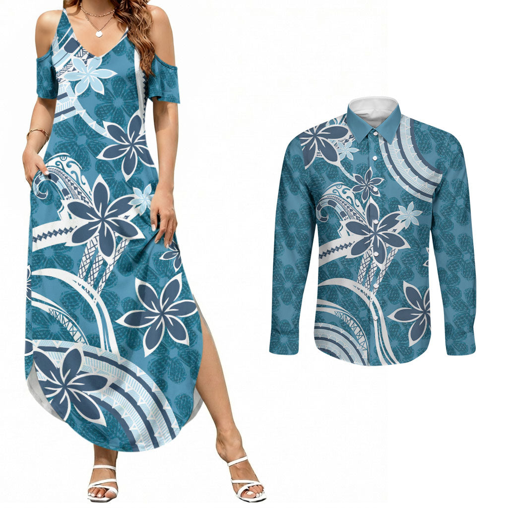 Hawaii Pupuala Plumeria Blue Couples Matching Summer Maxi Dress and Long Sleeve Button Shirt Polynesian Pattern LT01 Blue - Polynesian Pride