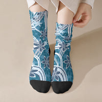 Hawaii Pupuala Plumeria Blue Crew Socks Polynesian Pattern LT01 Crew Socks Blue - Polynesian Pride