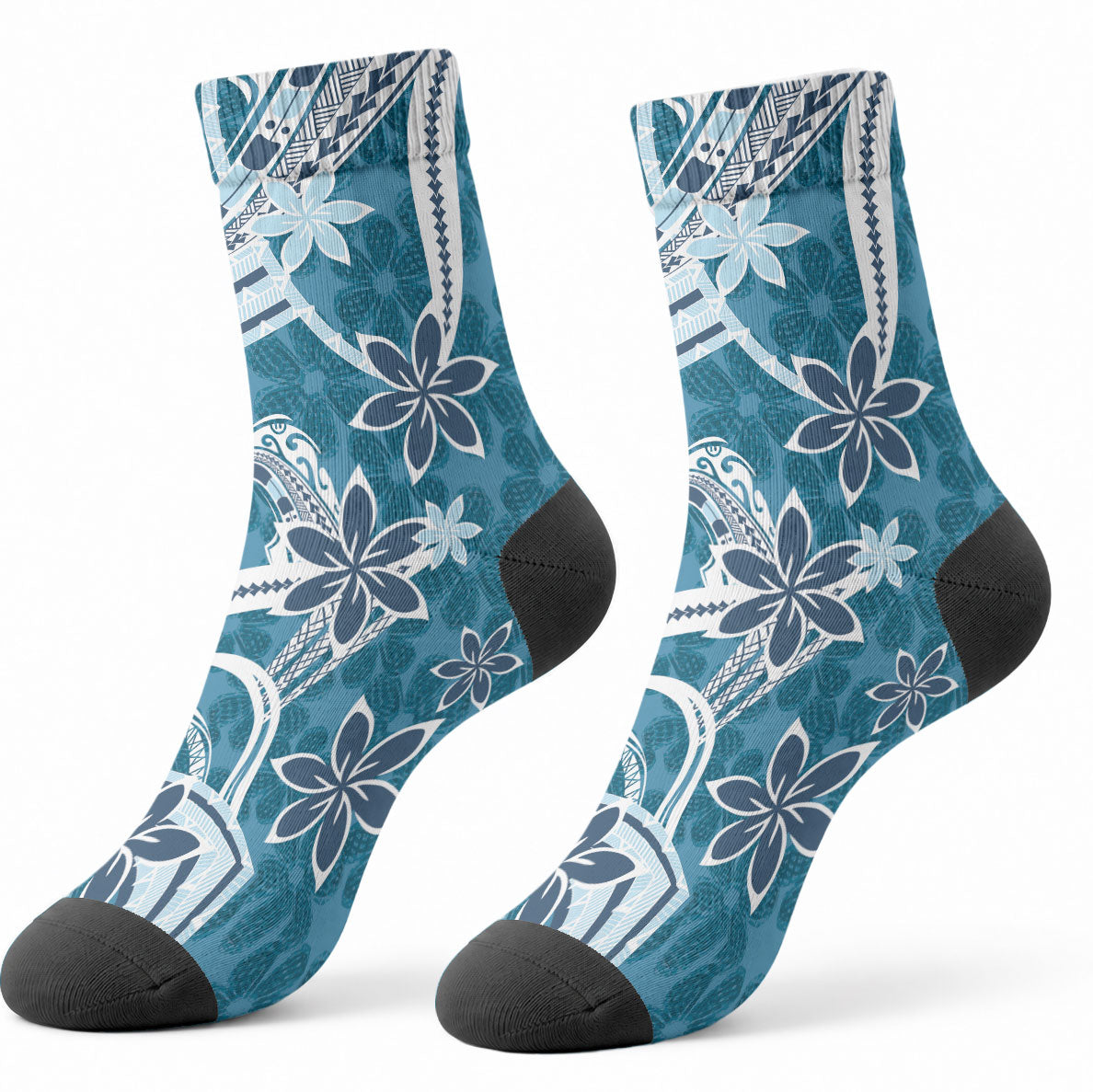 Hawaii Pupuala Plumeria Blue Crew Socks Polynesian Pattern LT01 - Polynesian Pride