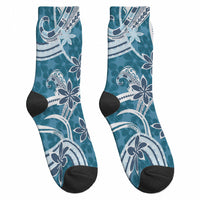 Hawaii Pupuala Plumeria Blue Crew Socks Polynesian Pattern LT01 - Polynesian Pride