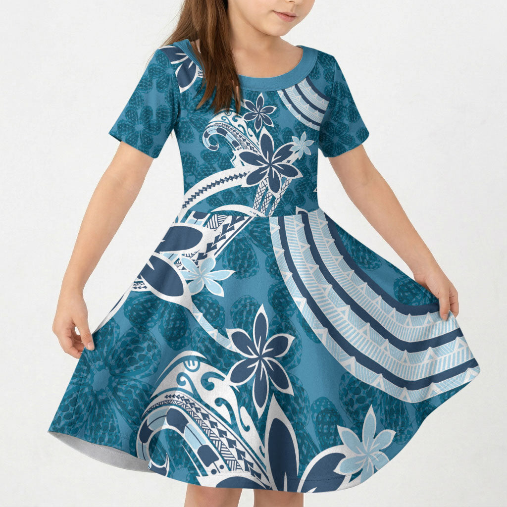 Hawaii Pupuala Plumeria Blue Kid Short Sleeve Dress Polynesian Pattern LT01 KID Blue - Polynesian Pride