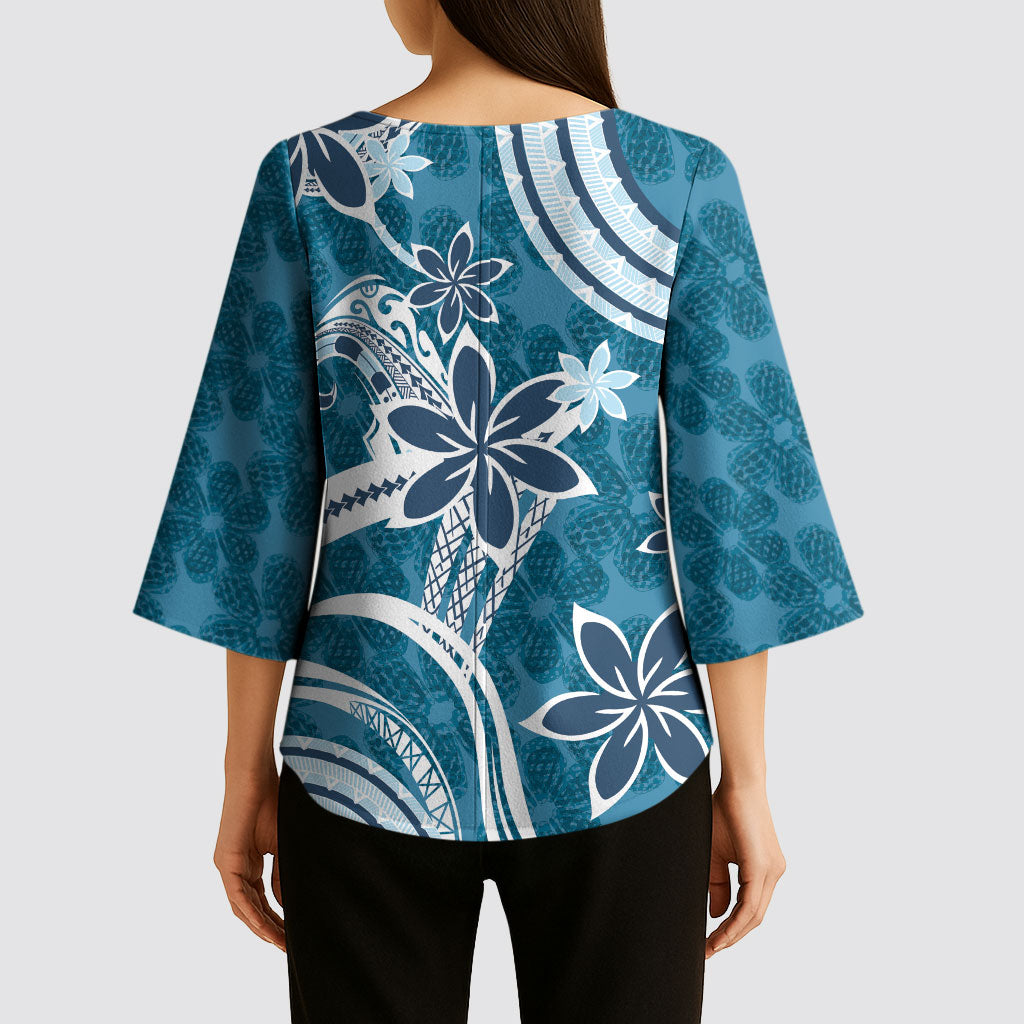 Hawaii Pupuala Plumeria Blue Kimono Sleeve Blouse Polynesian Pattern LT01 - Polynesian Pride
