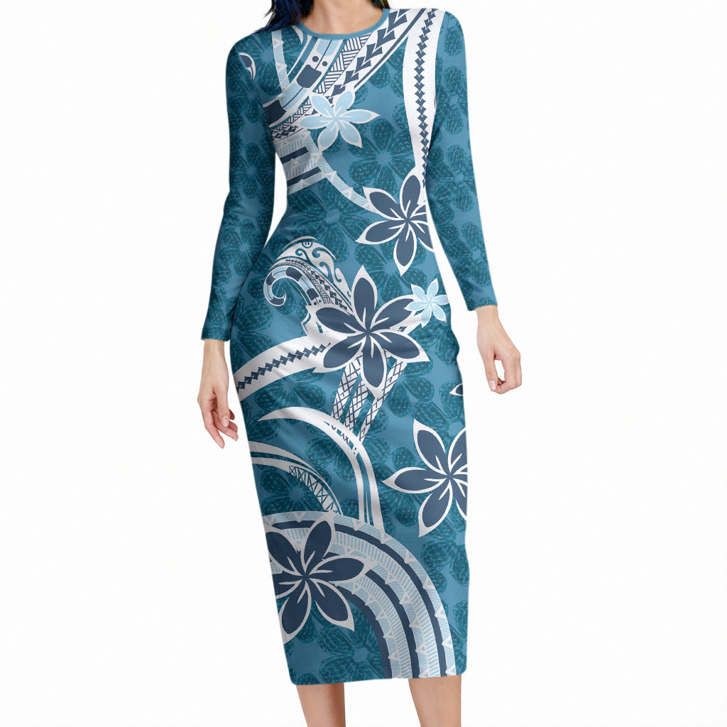 Hawaii Pupuala Plumeria Blue Long Sleeve Bodycon Dress Polynesian Pattern LT01 Long Dress Blue - Polynesian Pride