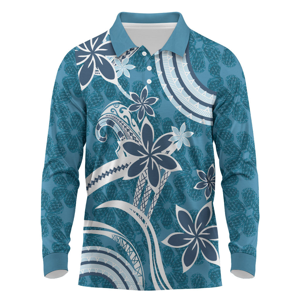 Hawaii Pupuala Plumeria Blue Long Sleeve Polo Shirt Polynesian Pattern LT01 Blue - Polynesian Pride