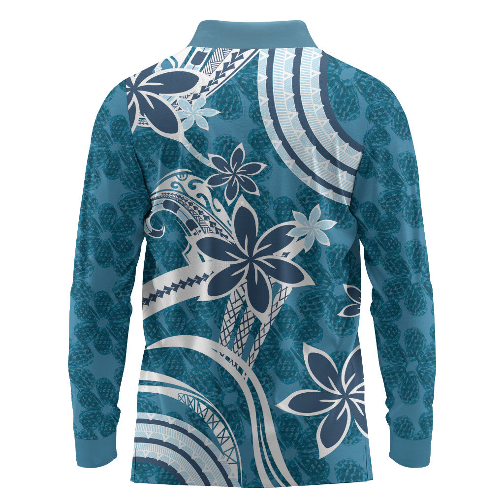 Hawaii Pupuala Plumeria Blue Long Sleeve Polo Shirt Polynesian Pattern LT01 - Polynesian Pride