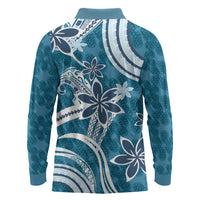 Hawaii Pupuala Plumeria Blue Long Sleeve Polo Shirt Polynesian Pattern LT01 - Polynesian Pride