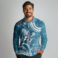 Hawaii Pupuala Plumeria Blue Long Sleeve Polo Shirt Polynesian Pattern LT01 - Polynesian Pride