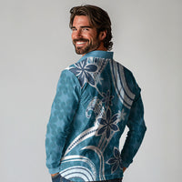 Hawaii Pupuala Plumeria Blue Long Sleeve Polo Shirt Polynesian Pattern LT01 - Polynesian Pride