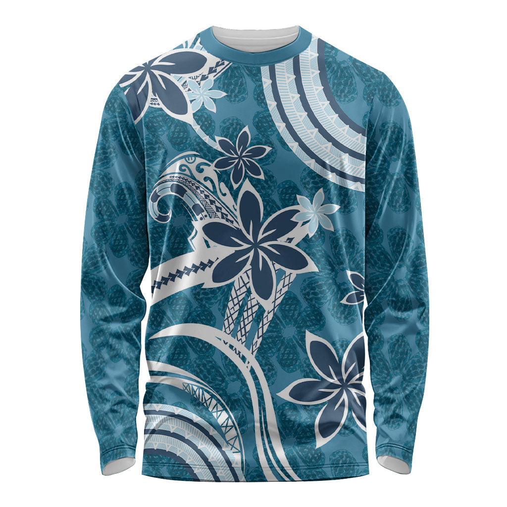 Hawaii Pupuala Plumeria Blue Long Sleeve Shirt Polynesian Pattern LT01 Unisex Blue - Polynesian Pride