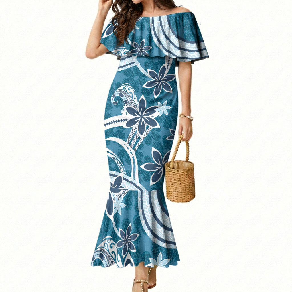 Hawaii Pupuala Plumeria Blue Mermaid Dress Polynesian Pattern LT01 Women Blue - Polynesian Pride