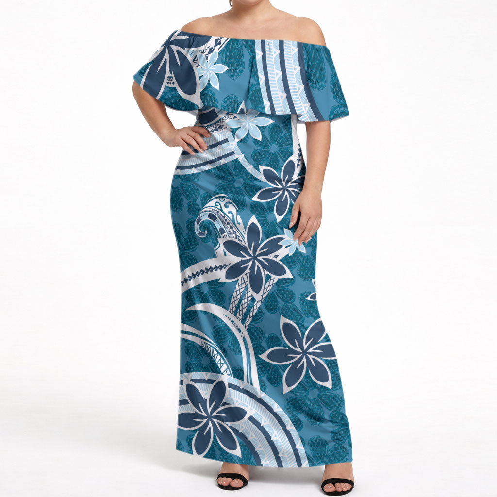 Hawaii Pupuala Plumeria Blue Off Shoulder Maxi Dress Polynesian Pattern LT01 Women Blue - Polynesian Pride