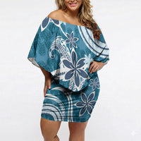Hawaii Pupuala Plumeria Blue Off Shoulder Short Dress Polynesian Pattern LT01 Women Blue - Polynesian Pride