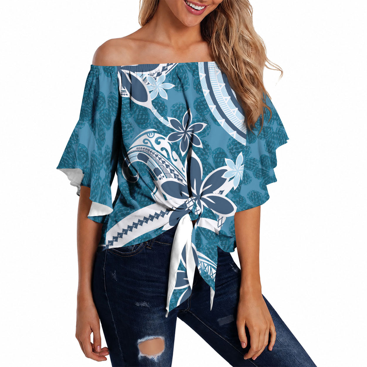 Hawaii Pupuala Plumeria Blue Off Shoulder Wrap Waist Top Polynesian Pattern LT01 Blue - Polynesian Pride