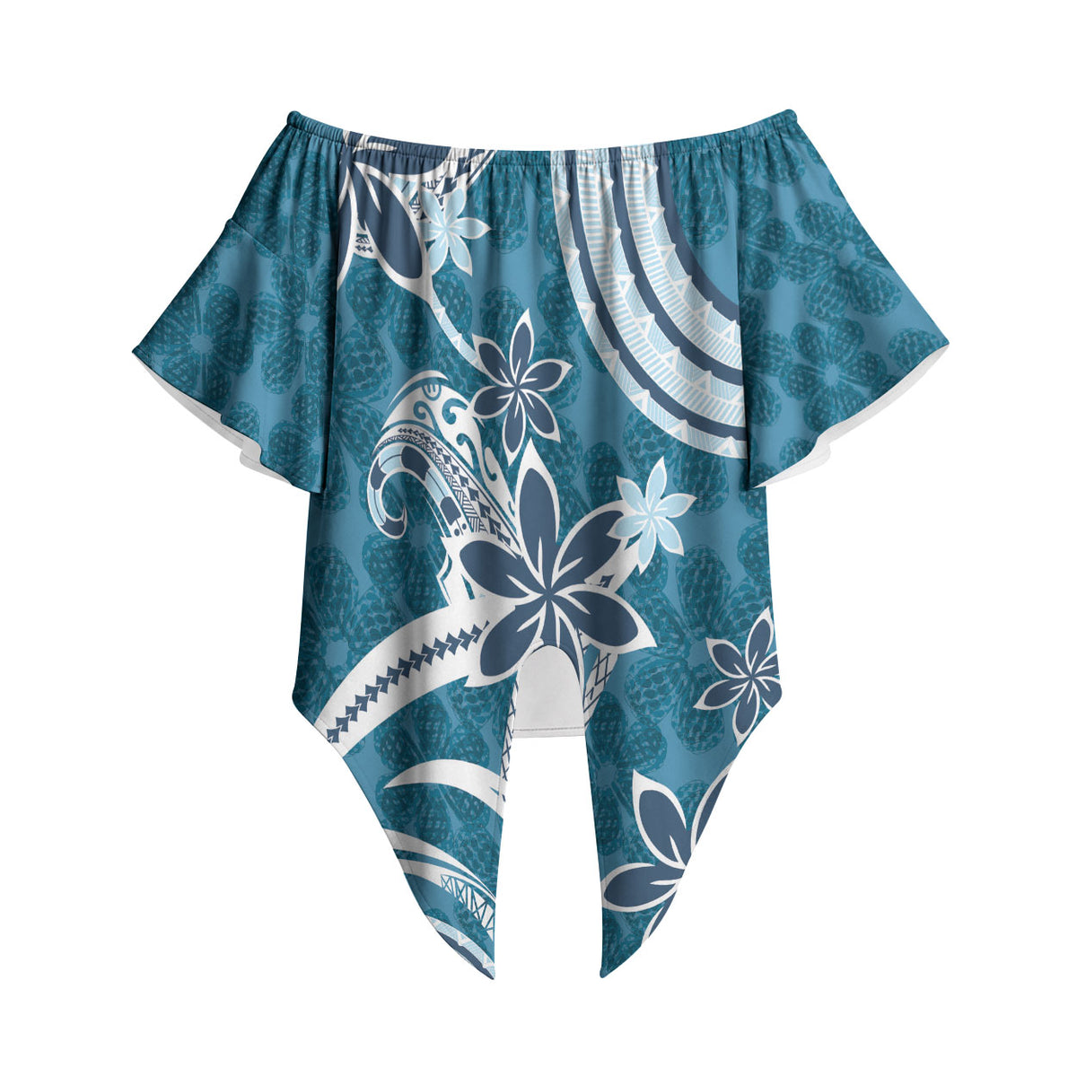 Hawaii Pupuala Plumeria Blue Off Shoulder Wrap Waist Top Polynesian Pattern LT01 - Polynesian Pride