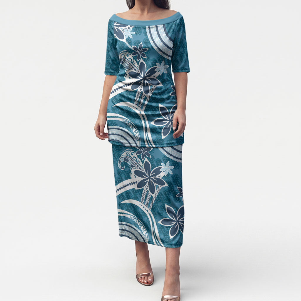 Hawaii Pupuala Plumeria Blue Puletasi Polynesian Pattern LT01 Long Dress Blue - Polynesian Pride