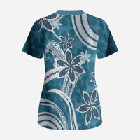 Hawaii Pupuala Plumeria Blue Scrub Top Polynesian Pattern LT01 - Polynesian Pride