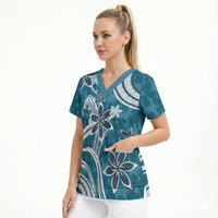 Hawaii Pupuala Plumeria Blue Scrub Top Polynesian Pattern LT01 - Polynesian Pride