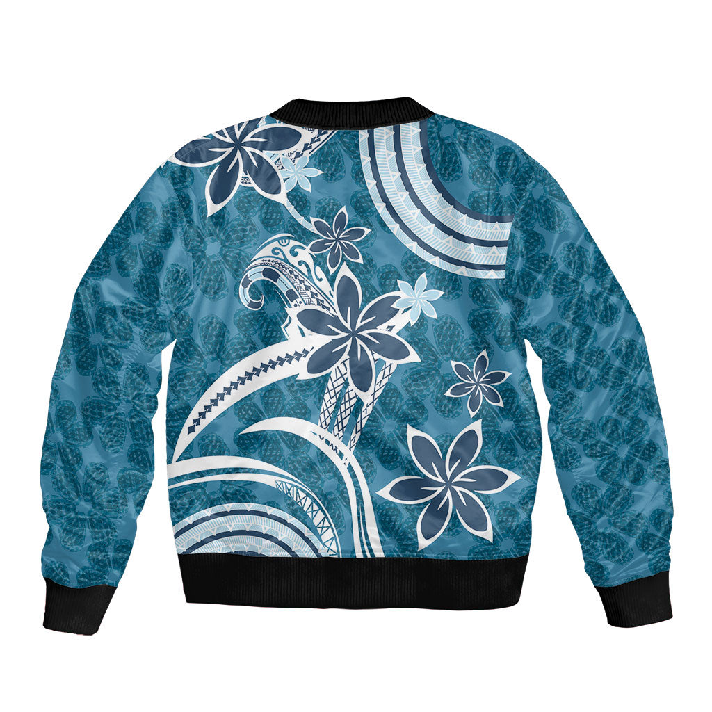 Hawaii Pupuala Plumeria Blue Sleeve Zip Bomber Jacket Polynesian Pattern LT01 - Polynesian Pride