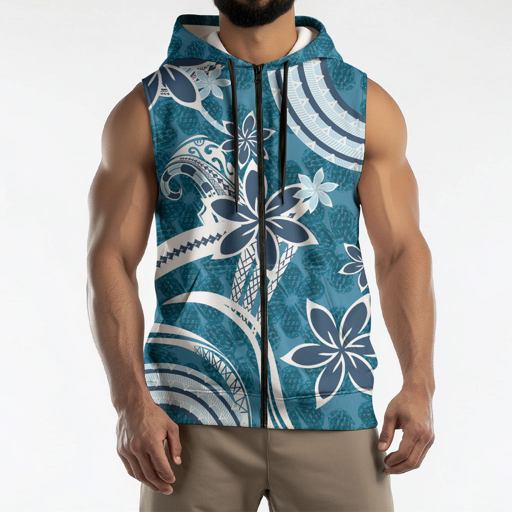 Hawaii Pupuala Plumeria Blue Sleeveless Zip Hoodie Polynesian Pattern LT01 - Polynesian Pride