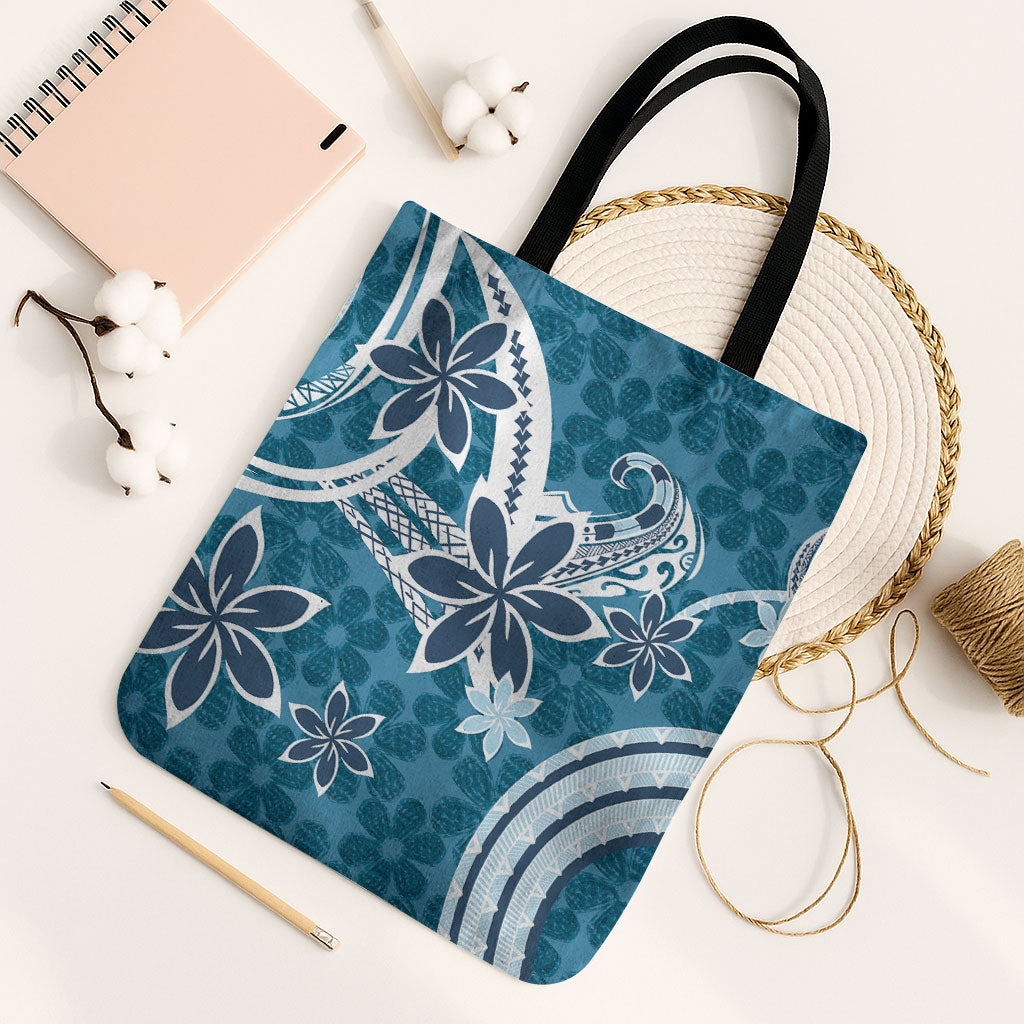 Hawaii Pupuala Plumeria Blue Tote Bag Polynesian Pattern LT01 Black Strap One Size Blue - Polynesian Pride