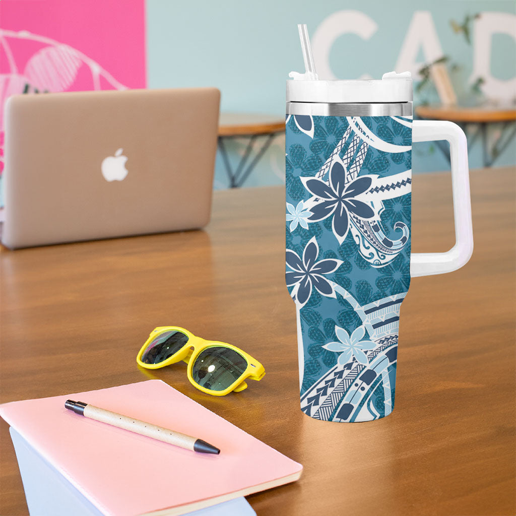 Hawaii Pupuala Plumeria Blue Tumbler With Handle Polynesian Pattern LT01 - Polynesian Pride