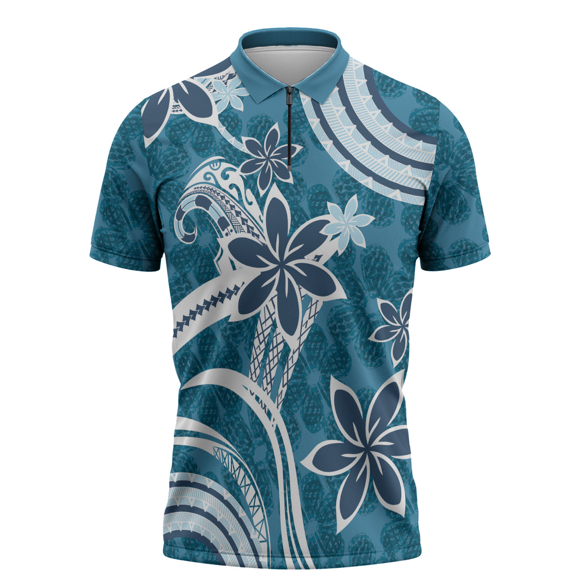 Hawaii Pupuala Plumeria Blue Zipper Polo Shirt Polynesian Pattern LT01 Blue - Polynesian Pride