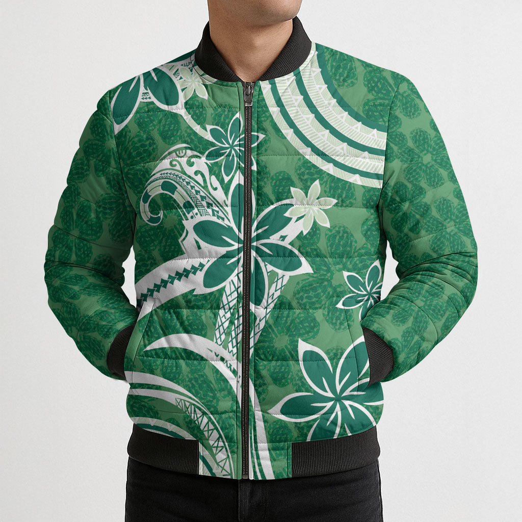 Hawaii Pupuala Plumeria Green Bomber Puffer Jacket Polynesian Pattern LT01 - Polynesian Pride