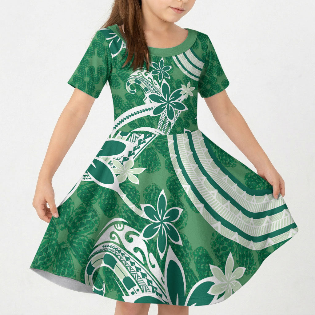 Hawaii Pupuala Plumeria Green Kid Short Sleeve Dress Polynesian Pattern LT01 KID Green - Polynesian Pride