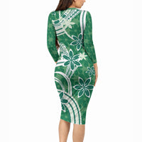 Hawaii Pupuala Plumeria Green Long Sleeve Bodycon Dress Polynesian Pattern LT01 - Polynesian Pride
