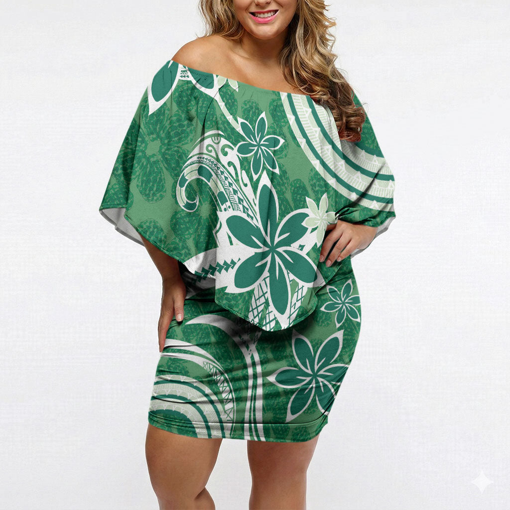 Hawaii Pupuala Plumeria Green Off Shoulder Short Dress Polynesian Pattern LT01 Women Green - Polynesian Pride
