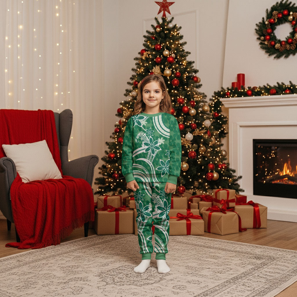 Hawaii Pupuala Plumeria Green Christmas Pajama Set Polynesian Pattern LT01 Kid Green - Polynesian Pride