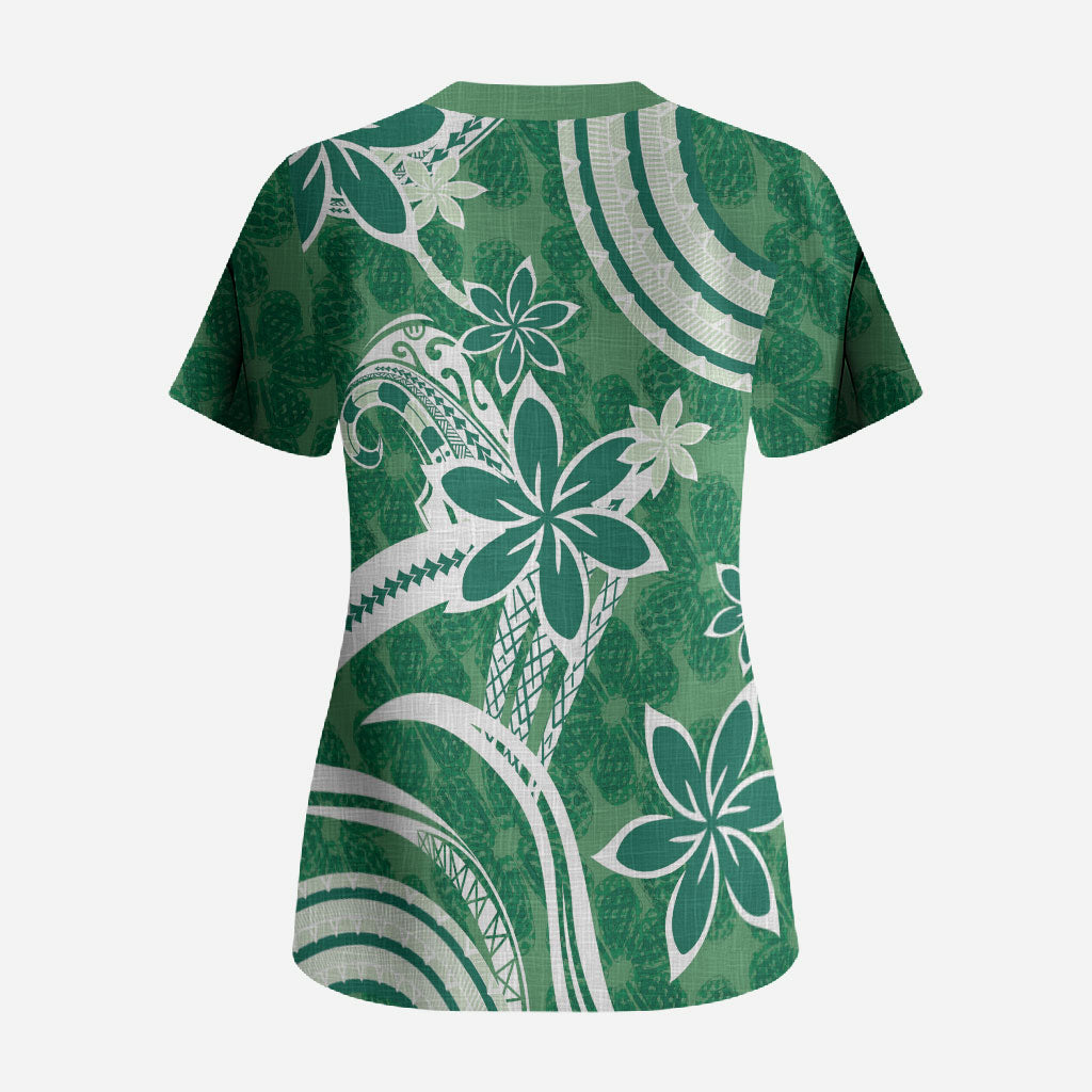 Hawaii Pupuala Plumeria Green Scrub Top Polynesian Pattern LT01 - Polynesian Pride