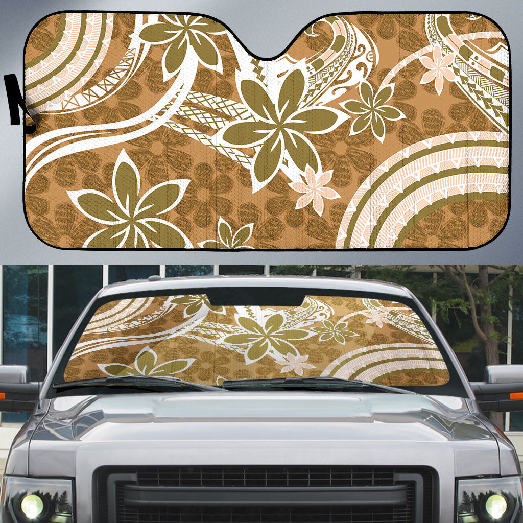 Hawaii Pupuala Plumeria Light Brown Auto Sun Shade Polynesian Pattern LT01 Light Brown - Polynesian Pride