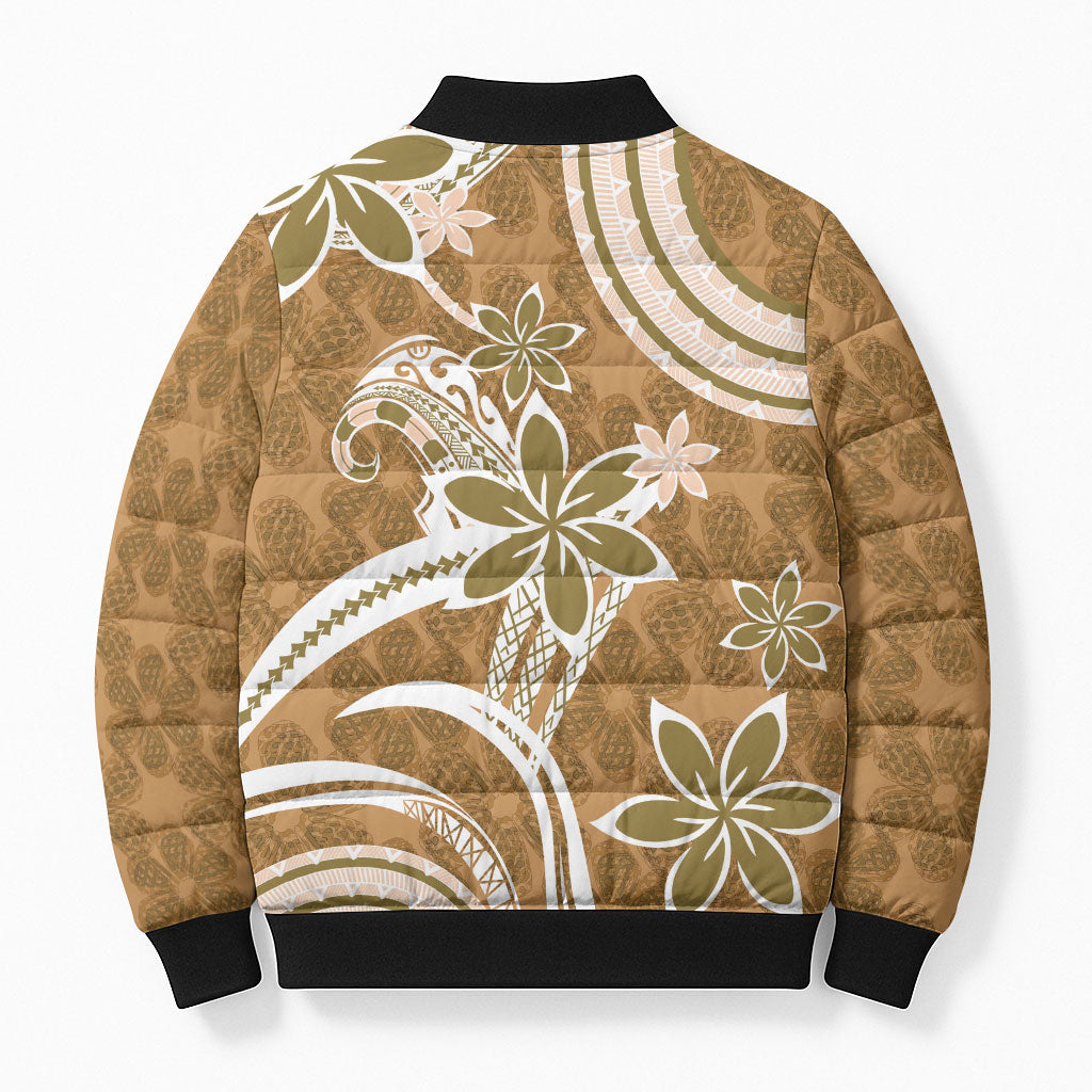 Hawaii Pupuala Plumeria Light Brown Bomber Puffer Jacket Polynesian Pattern LT01 - Polynesian Pride