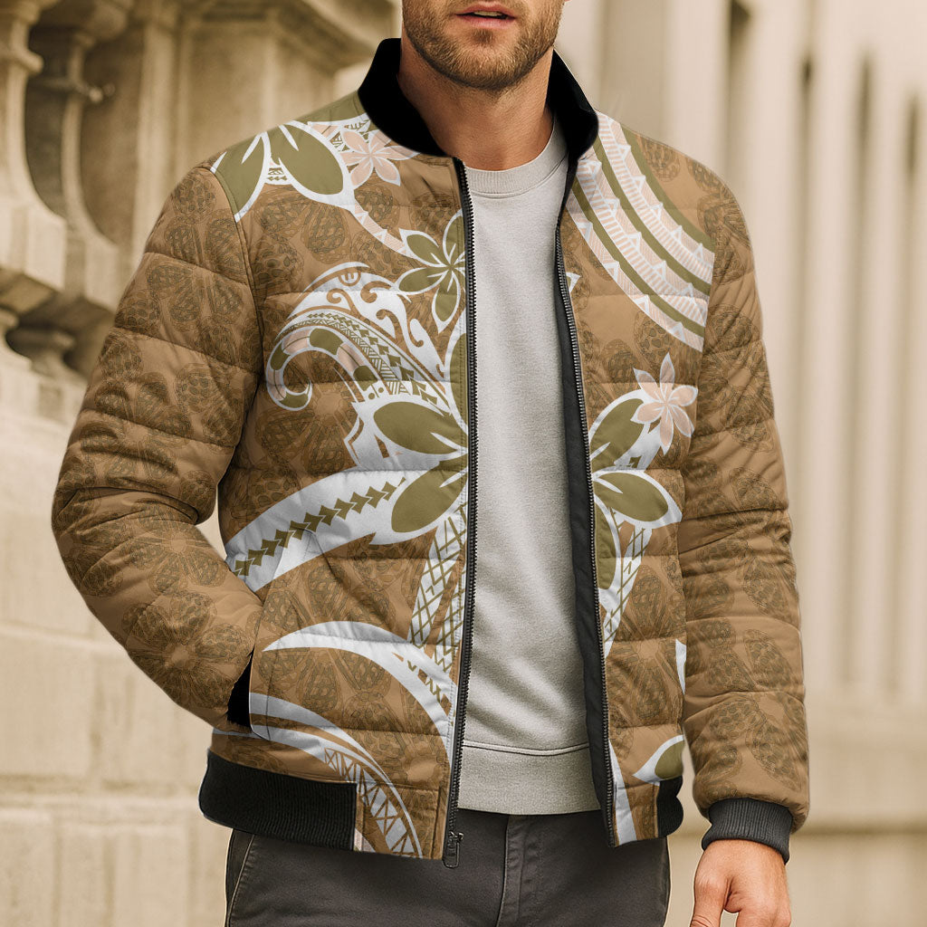 Hawaii Pupuala Plumeria Light Brown Bomber Puffer Jacket Polynesian Pattern LT01 - Polynesian Pride