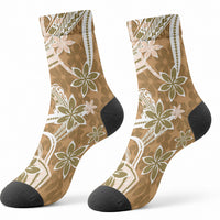 Hawaii Pupuala Plumeria Light Brown Crew Socks Polynesian Pattern LT01 - Polynesian Pride