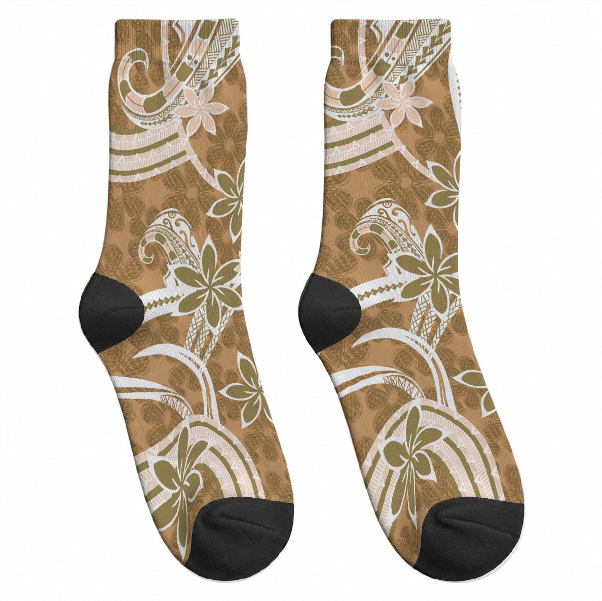 Hawaii Pupuala Plumeria Light Brown Crew Socks Polynesian Pattern LT01 - Polynesian Pride
