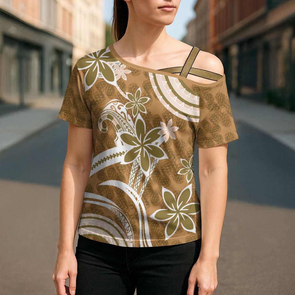 Hawaii Pupuala Plumeria Light Brown Cross Shoulder Shirt Polynesian Pattern LT01 - Polynesian Pride