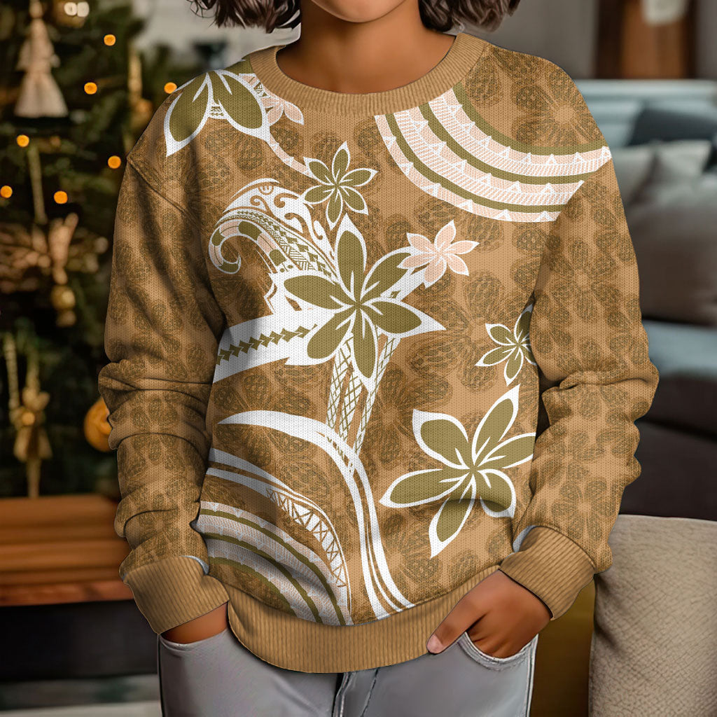 Hawaii Pupuala Plumeria Light Brown Kid Ugly Christmas Sweater Polynesian Pattern LT01 - Polynesian Pride