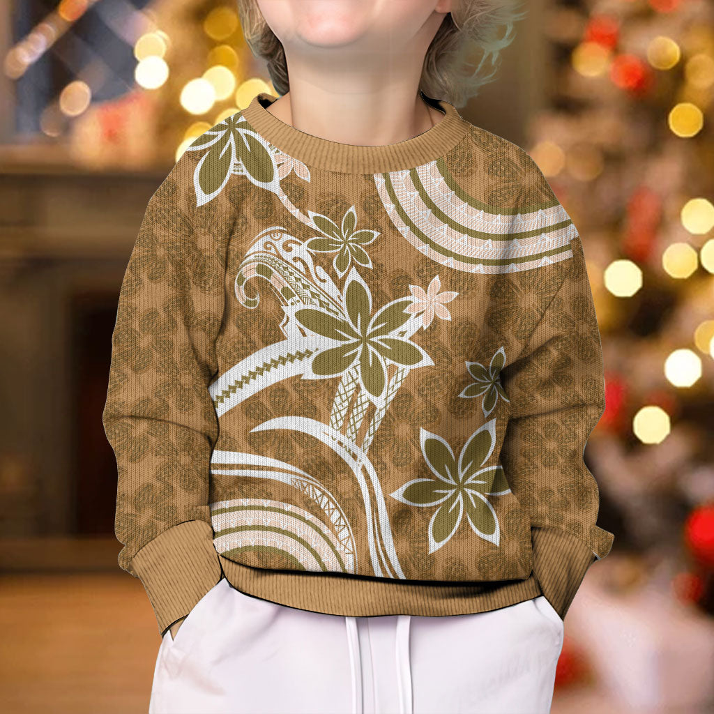 Hawaii Pupuala Plumeria Light Brown Kid Ugly Christmas Sweater Polynesian Pattern LT01 - Polynesian Pride