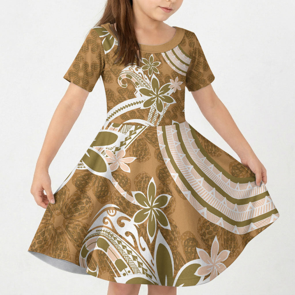 Hawaii Pupuala Plumeria Light Brown Kid Short Sleeve Dress Polynesian Pattern LT01 KID Light Brown - Polynesian Pride