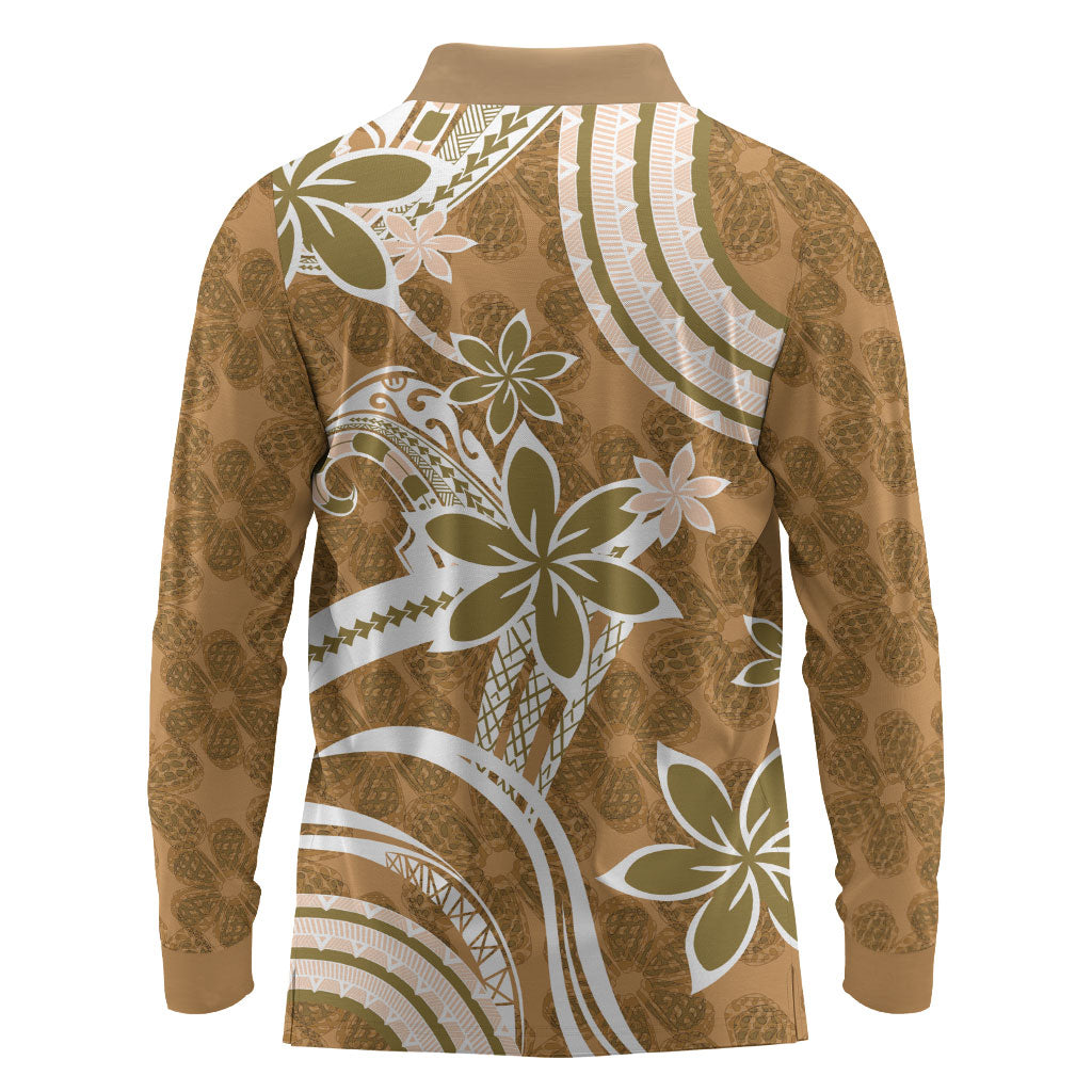 Hawaii Pupuala Plumeria Light Brown Long Sleeve Polo Shirt Polynesian Pattern LT01 - Polynesian Pride