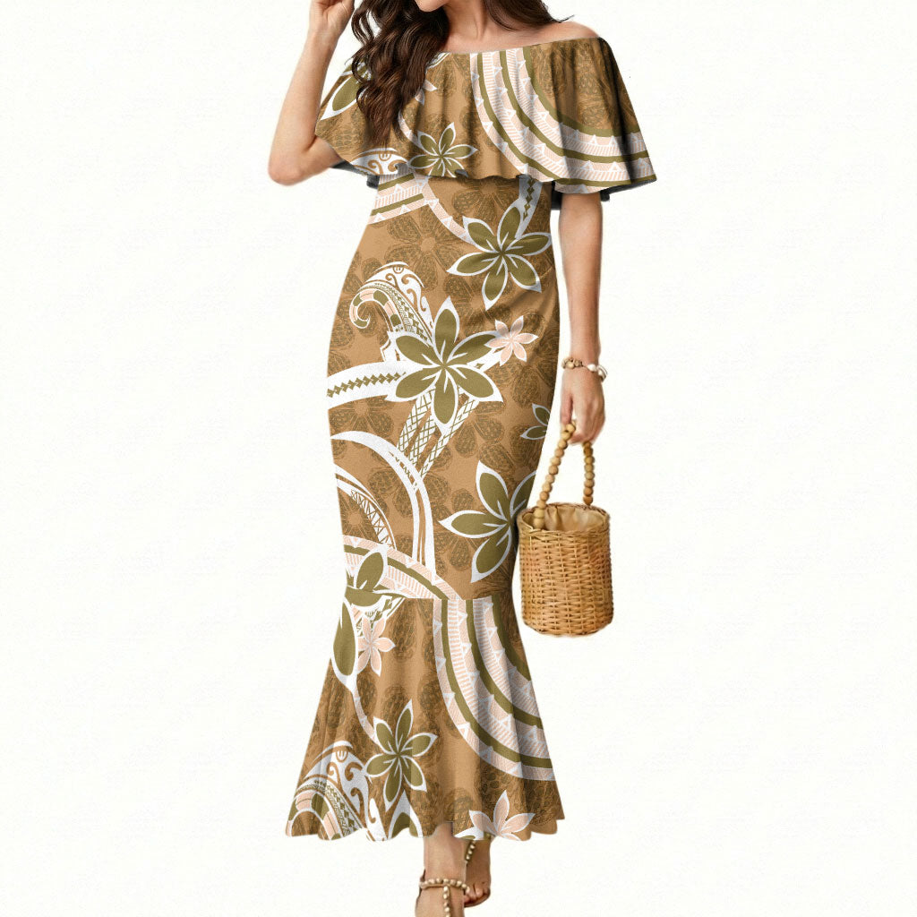 Hawaii Pupuala Plumeria Light Brown Mermaid Dress Polynesian Pattern LT01 Women Light Brown - Polynesian Pride