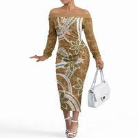 Hawaii Pupuala Plumeria Light Brown Off The Shoulder Long Sleeve Dress Polynesian Pattern LT01 Women Light Brown - Polynesian Pride
