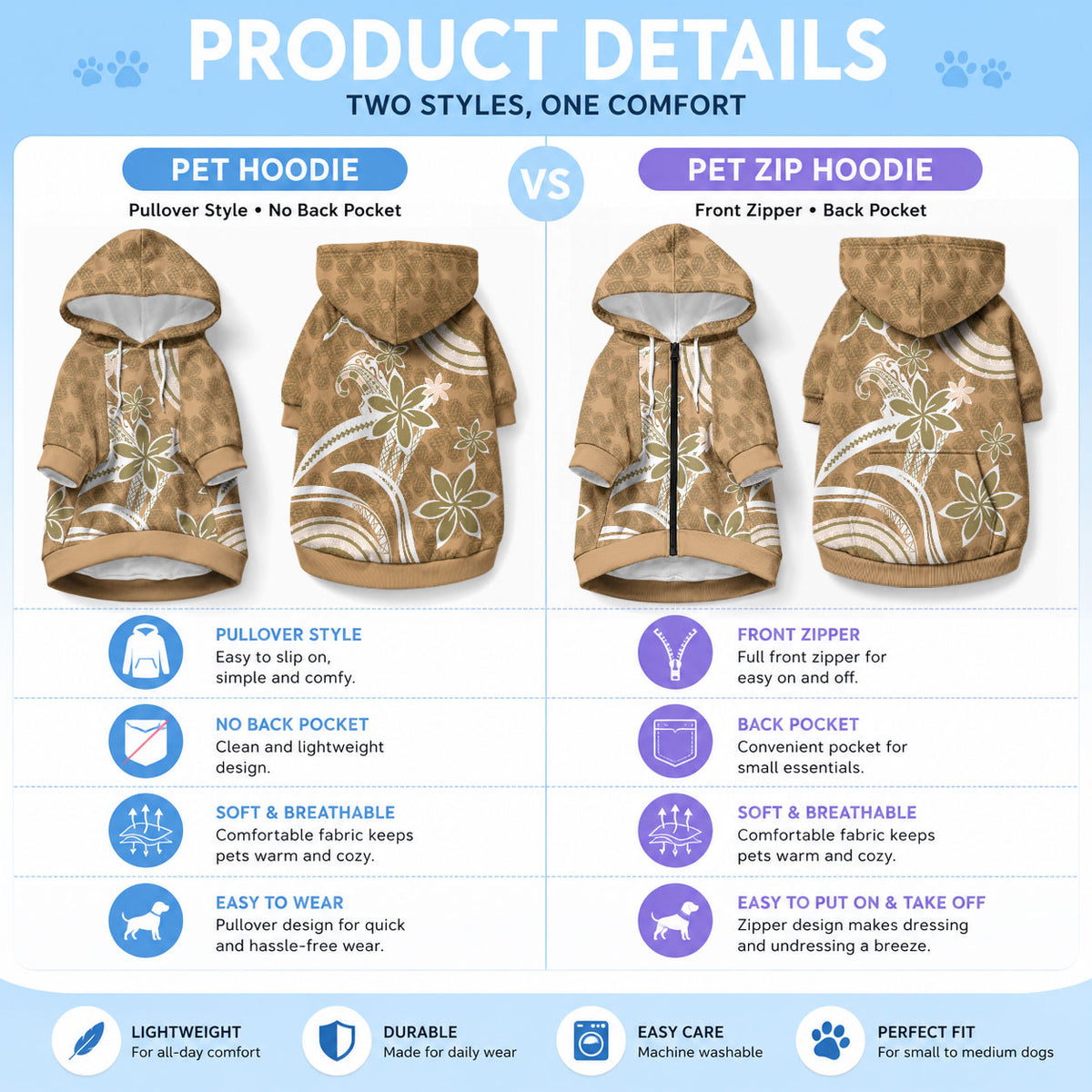 Hawaii Pupuala Plumeria Light Brown Pet Hoodie Polynesian Pattern LT01 - Polynesian Pride
