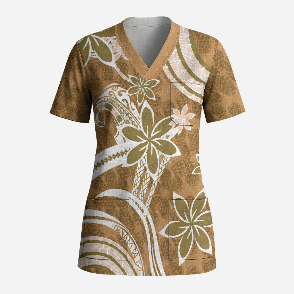 Hawaii Pupuala Plumeria Light Brown Scrub Top Polynesian Pattern LT01 Adult Light Brown - Polynesian Pride