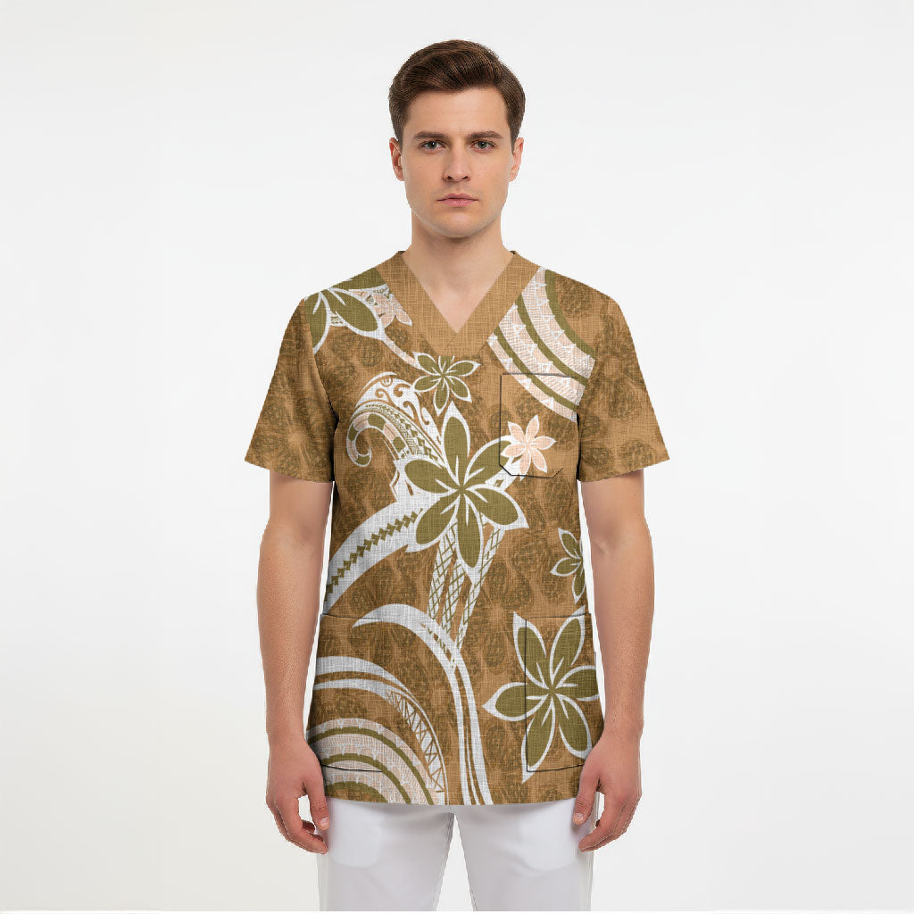 Hawaii Pupuala Plumeria Light Brown Scrub Top Polynesian Pattern LT01 - Polynesian Pride