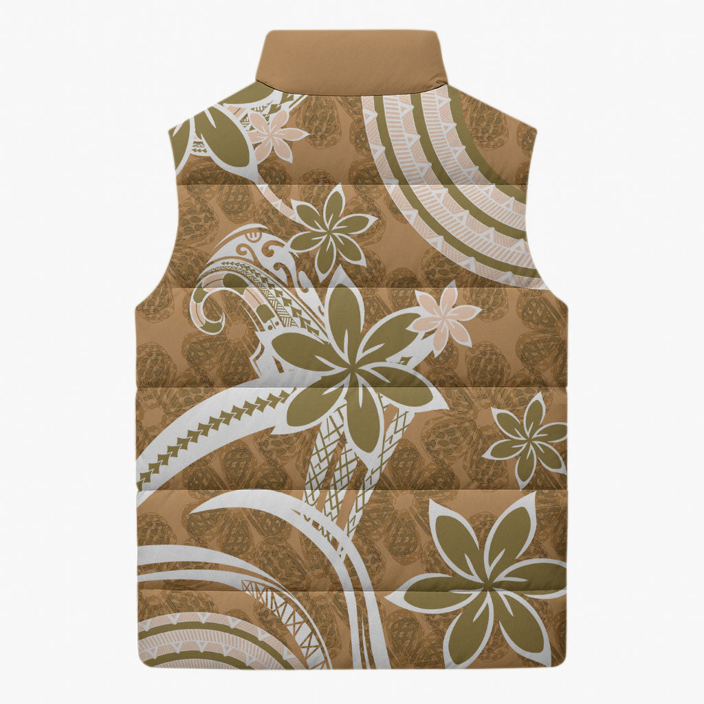 Hawaii Pupuala Plumeria Light Brown Sleeveless Puffer Jacket Polynesian Pattern LT01 - Polynesian Pride